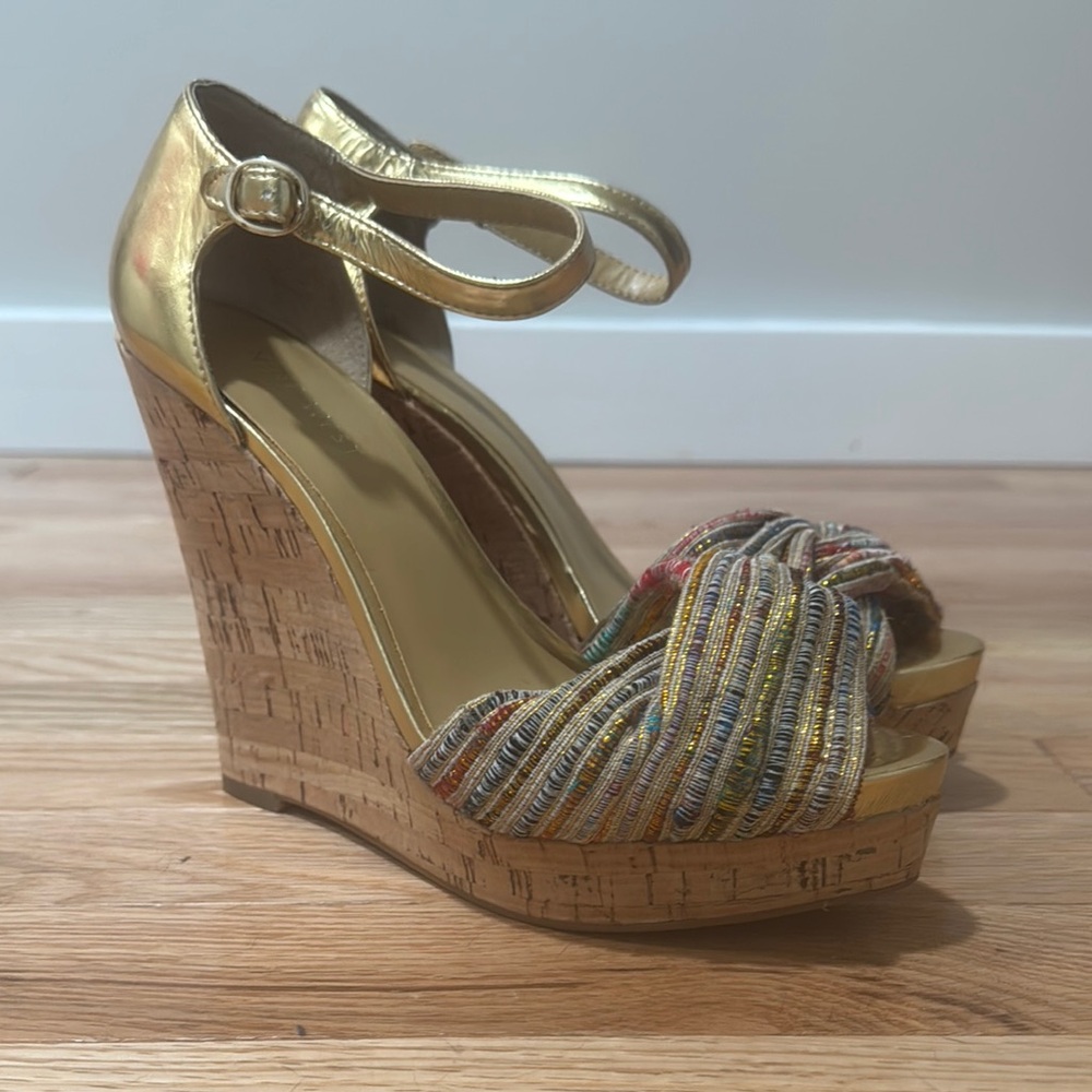 Gold and Multicolor Ninewest Wedge Sandals